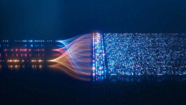AI and Big Data futuristic illustration showcasing automation, data analytics, and innovation in technology with stream of data flowing through neural network. ANN, LLM, abstract, colorful background.