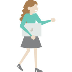 Smiling Woman Wearing Teal Long Sleeve Shirt and Grey Skirt Holding a Silver Laptop Computer With a Crescent Moon Logo Against a White Background