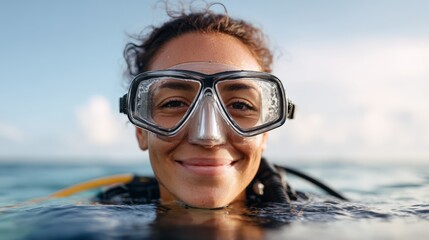 Smiling diver wearing a diving mask enjoys exploring the underwater world, capturing the thrill and serenity of scuba diving in the ocean