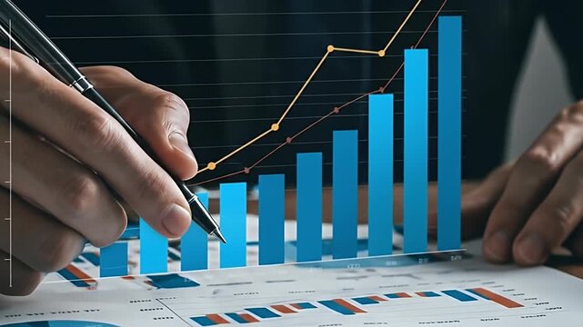 Realistic Financial Chart Analysis with Blue Bar Graphs and Yellow Line Graph