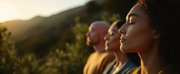 The group of peaceful people meditating outdoors at golden hour in nature