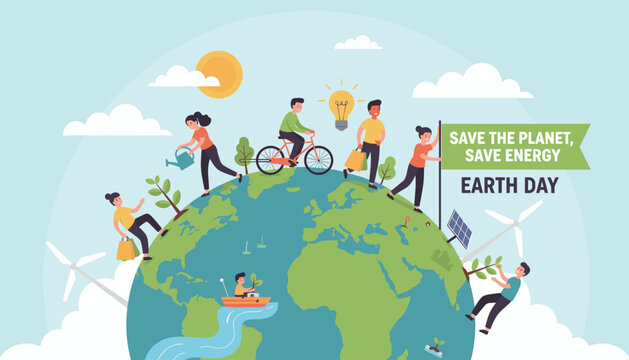 Vivid flat illustration of diverse people actively participating in Earth Day initiatives, promoting environmental conservation and sustainable energy practices, showcasing global unity and