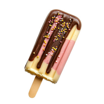 Chocolate dipped popsicle with rainbow sprinkles, creamy ice cream bar dessert, glossy chocolate coating snack treat isolated PNG with Transparent Background
