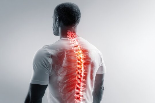 Male figure with visible spine column illustration, showcasing human anatomy. Back, neck lumbar pain relief techniques, spinal health in daily life. Man with red orange back pain sign digital overlay.