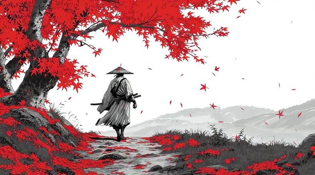  samurai walking down a path wearing a kasa. katana sheathed, autumn scenery with red maple leaves, distant low Japanese mountains, dramatic shonen manga composition, traditional hand-drawn Japanese