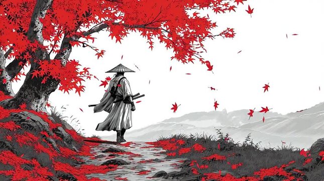  samurai walking down a path wearing a kasa. katana sheathed, autumn scenery with red maple leaves, distant low Japanese mountains, dramatic shonen manga composition, traditional hand-drawn Japanese