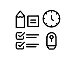 Icon set featuring pencil, note, clock, checklist, and lock