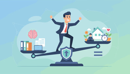 Concept of work-life balance and equilibrium, represented by a businessman on a scale, balancing professional life elements like brain, laptop, and documents against personal life elements such as