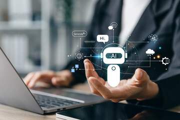 Young woman using laptop with Ai assistant. command to create something.