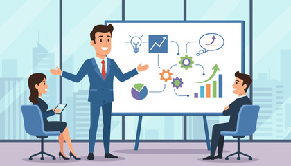 Fototapeta premium Dynamic business presentation featuring a confident speaker explaining growth charts, gears, and ideas on a whiteboard to attentive colleagues in a modern office setting with large windows