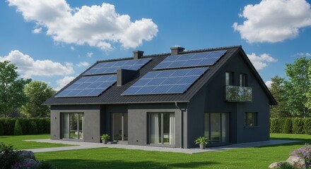 Modern home showcases solar panels on the roof for sustainable living, offering eco-friendly energy solutions and a bright, clean design for green initiatives