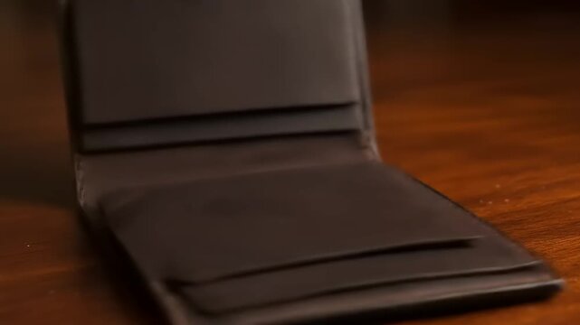Close-up of a hand opening a brown wallet on a wooden table, showcasing its compartments and texture