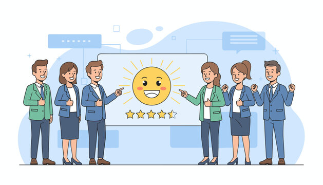 Diverse team of professionals celebrating excellent customer satisfaction, represented by a smiling sun and five stars on a digital screen, symbolizing positive feedback and successful business