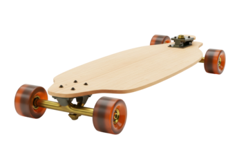 Isolated longboard on the studio set showing the front view of the skateboarding equipment