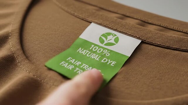 Close-up of a hand pointing at a clothing label indicating 100% natural dye and fair trade certification