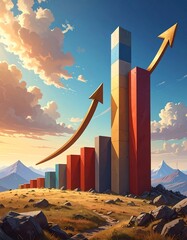 Animated illustration of a bar graph with upward arrows, atop a hill. Sky with clouds, mountains