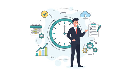 Modern flat illustration of a businessman surrounded by icons representing time management, productivity, and business growth, including a clock, calendar, to-do list, charts, gears, and cloud