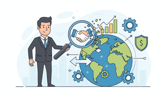A smiling businessman in a suit holds a magnifying glass over a handshake, symbolizing trust and collaboration in global business partnerships, with a backdrop of the Earth, financial charts, and - Powered by Adobe