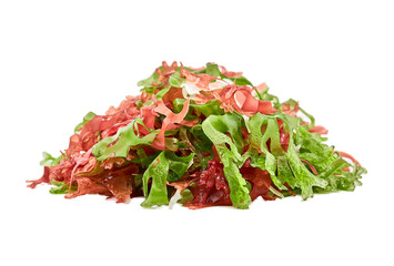 closeup pile of mix kaiso seaweed salad green red white algae kelp cutout
