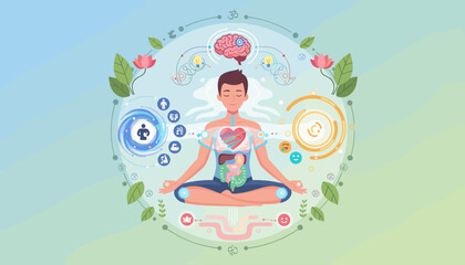 Vivid vector illustration depicting the concept of meditation and yoga for holistic health, showcasing a person in a lotus pose with visualized internal organs, brain, and symbolic icons representing