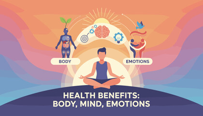 Vibrant vector illustration depicting the interconnected health benefits of body, mind, and emotions, centered around a person meditating at sunrise, symbolizing holistic well-being and inner peace.