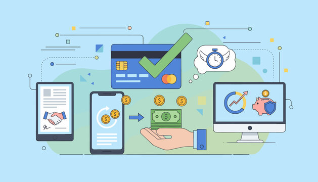 Digital financial transaction process illustration with credit card approval, mobile payment, cash transfer, and investment growth on computer screen, symbolizing secure and efficient online banking