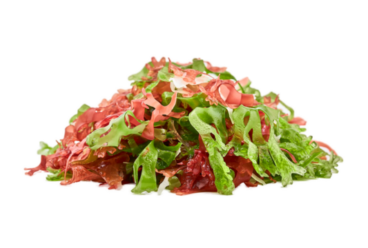 closeup pile of mix kaiso seaweed salad green red white algae kelp cutout
