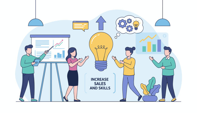 Vibrant vector illustration depicting a dynamic office training session focused on increasing sales and skills, featuring a team collaborating around a presentation board, a glowing lightbulb - Powered by Adobe