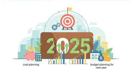 Vibrant illustration of a wooden block displaying the year 2025 with upward-pointing green arrows, symbolizing growth and progress, set against a cityscape backdrop with financial elements like piggy