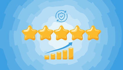 Vivid 3D illustration of five golden stars representing excellent performance, accompanied by a rising bar graph and a shield icon with refresh arrows, symbolizing quality assurance and business