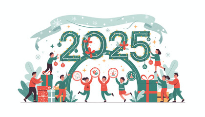 Fototapeta premium Vibrant illustration of diverse people celebrating the arrival of 2025 and Merry Christmas, decorating large numbers with festive lights and ornaments, surrounded by gift boxes and snowflakes