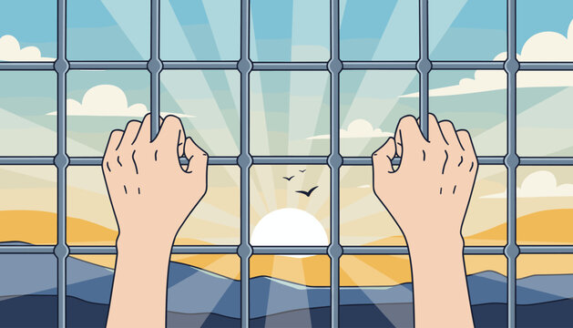 Two hands gripping the bars of a cage, looking out at a beautiful sunrise with birds flying, symbolizing hope, freedom, and the desire to escape confinement or difficult situations.