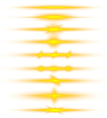Golden glowing lines with horizontal rays and lens flare effects. Perfect for festive illustrations and digital lighting designs. Transparent vector file included. PNG