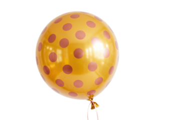 Isolated glossy gold polka dot balloon floating, suspended by ribbon, celebration element