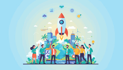 Vibrant illustration depicting the exciting launch of a new business venture, symbolized by a rocket ascending from the Earth, surrounded by a diverse team of professionals, modern cityscapes