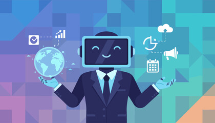 Vivid illustration of a friendly robot businessman holding the Earth in one hand and surrounded by icons representing business analytics, cloud computing, scheduling, and marketing, symbolizing