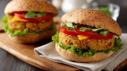 Closeup of hearty veggie burger with fresh avocado, tomato, sprouts, and melted cheese on rustic wooden board, emphasizing vibrant colors, textures, and inviting presentation