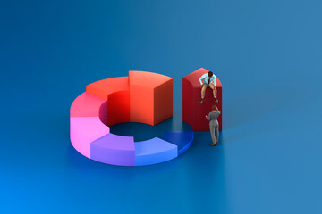 Business teamwork and growth concept with 3D bar chart on blue background