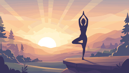 Silhouette of a woman practicing yoga in the Vrikshasana (Tree Pose) on a wooden platform at sunrise, with soft focus and sun rays illuminating the misty mountain landscape, evoking tranquility and