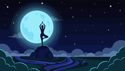 Silhouette of a woman performing a yoga tree pose on a rock formation under a large, luminous blue full moon against a starry night sky, symbolizing peace, balance, and connection with nature during