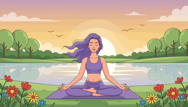 Serene woman with flowing purple hair meditating in lotus pose on a yoga mat by a calm lake at sunrise, surrounded by vibrant flowers and lush green trees, symbolizing peace and mindfulness.