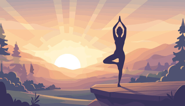 Silhouette of a woman practicing yoga in the Vrikshasana (Tree Pose) on a wooden platform at sunrise, with soft focus and sun rays illuminating the misty mountain landscape, evoking tranquility and