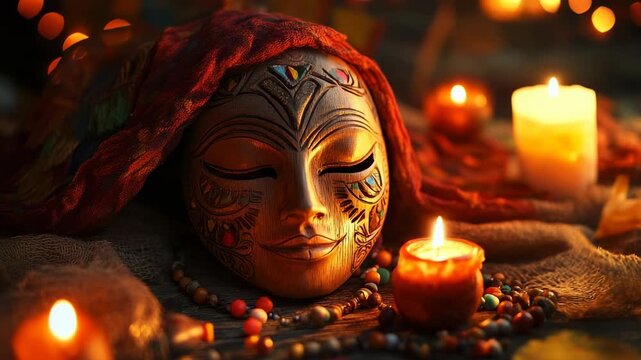 A carved wooden mask with closed eyes rests among glowing candles and colorful beads