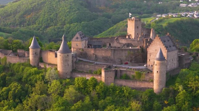 bourscheid castle ch&acirc;teau de green cover hills behind walls black domed towers visitor vehicles old historic site trees to left around right drone panning shot 