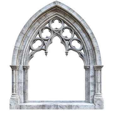Gothic stone window arch with tracery, medieval cathedral architecture frame, gray carved masonry ornament isolated PNG with Transparent Background