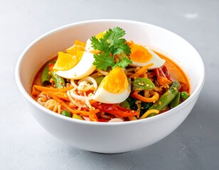 A vibrant bowl of Asian-inspired noodles with vegetables and sliced eggs, against a neutral backdrop