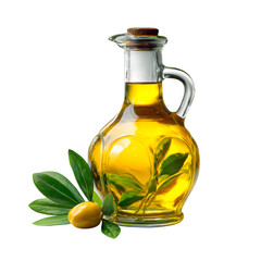 Clear glass bottle filled with golden liquid and cork stopper isolated on transparent background