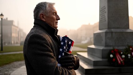 Elderly man holds folded flag. Quiet tribute honors veteran remembrance. Wreath rests beside memorial monument. Soft morning light creates solemn scene. Calm air settles. Soft fog brightens skyline.