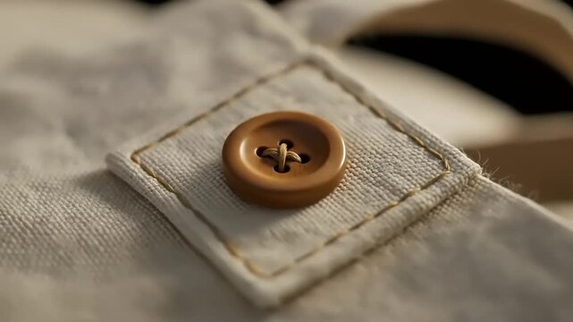 Close-up of a wooden button sewn onto a textured fabric, showcasing craftsmanship and detail