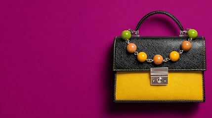 Stylish handbag with colorful bead embellishments on a vibrant backdrop